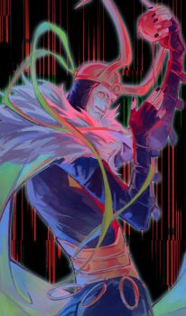 1boy aged_up black_gloves black_nails black_tunic blood bright_pupils cape fake_horns fingerless_gloves fur_trim gloves green_cape green_eyes grin highres holding_orb horned_headwear horns loki_(marvel) looking_at_viewer looking_to_the_side male_focus marvel mature_male official_alternate_design parted_lips smile solo thor_(marvel)_(series) tunic white_pupils wrinkled_skin xuqin37179277