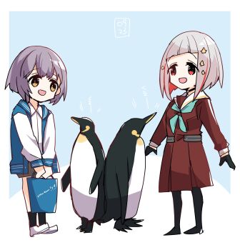 2girls :d animal aqua_neckerchief bag bang_dream! bang_dream!_it's_mygo!!!!! bird black_choker black_gloves black_pantyhose black_skirt black_socks blue_background blue_bag blue_jacket bob_cut brown_dress choker collared_shirt colored_inner_hair commentary_request crossover dated deformed dress full_body gloves grey_hair hasu_no_sora_school_uniform highres holding holding_bag inverted_bob jacket kanduki_kamibukuro link!_like!_love_live! long_sleeves love_live! multicolored_hair multiple_girls neckerchief o-ring o-ring_choker open_clothes open_jacket open_mouth pantyhose penguin red_eyes red_hair red_streaks sailor_collar sailor_dress school_uniform shirt shoes short_hair skirt smile socks standing streaked_hair takamatsu_tomori trait_connection virtual_youtuber white_sailor_collar white_shirt white_shoes winter_uniform yellow_eyes yugiri_tsuzuri