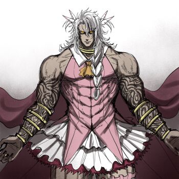 Rule 34 | 1boy, arm tattoo, ascot, braid, cosplay, crossdressing, crossdressing (mtf), dark-skinned male, dark skin, dress, fate/grand order, fate (series), feather hair ornament, feathers, gameplay mechanics, grand caster (fate), hair between eyes, hair ornament, highres, illyasviel von einzbern, jewelry, long hair, magical girl, male focus, mcpc zamurai, neck ring, pink dress, prisma illya, prisma illya (cosplay), single braid, skirt, solo, solomon (fate), tattoo, white hair, yellow eyes