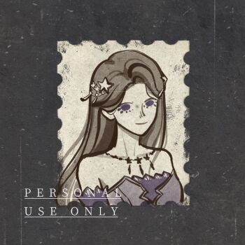 1girl bare_shoulders black_background chinese_commentary closed_mouth collarbone commentary_request commission dress elbow_gloves eyelashes frilled_dress frilled_gloves frills gloves hair_ornament happy highres jewelry light_particles long_hair looking_at_viewer necklace nikki_(series) postage_stamp prettylamb purple_dress purple_eyes purple_gloves purple_theme sample_watermark sepia smile solo star_(symbol) star_hair_ornament star_necklace star_sea_(nikki) straight_hair strapless strapless_dress upper_body very_long_hair watermark