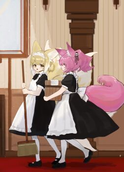 2girls alternate_costume animal_ears apron arknights black_dress blonde_hair broom commentary_request dress enmaided fox_ears fox_girl fox_tail highres holding holding_broom k-yosinori maid multiple_girls pantyhose pink_hair shamare_(arknights) short_sleeves suzuran_(arknights) tail white_apron white_pantyhose