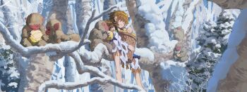 1girl animal barefoot basket brown_hair circlet dress feathers food forest highres kajatony monkey monkey_tail nature short_hair smile snow snowing son_biten tagme tail touhou tree white_background winter yellow_eyes