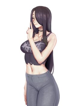 1girl arm_at_side bare_arms bare_shoulders black_choker black_hair black_tank_top breasts choker closed_eyes closed_mouth collarbone cowboy_shot grey_pants hair_over_one_eye hand_up highres index_finger_raised large_breasts long_hair midriff navel nila_(telepurte) original pants print_tank_top simple_background smile solo standing tachi-e tank_top telepurte white_background