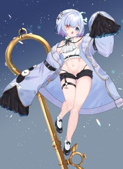 1girl absurdres amemiya_nazuna amemiya_nazuna_(1st_costume) beret black_panties black_shoes blue_eyes breasts coat frills fuyukawa_(kogimiwa64338) grey_hair groin hat heterochromia highres key long_sleeves midriff navel oversized_clothes oversized_object panties pussy pussy_peek red_eyes shoes short_hair short_shorts shorts sleeves_past_wrists small_breasts socks solo strapless thigh_strap thighs tube_top underwear virtual_youtuber vshojo white_hat white_socks