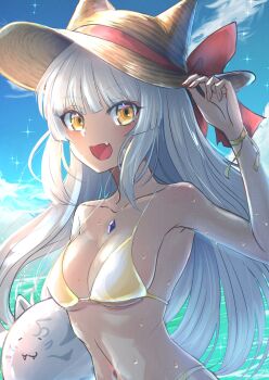 Rule 34 | 1girl, bikini, blue sky, bow, breasts, brown hat, chest jewel, collarbone, commentary request, fang, grey hair, hat, hat bow, highres, long hair, looking at viewer, navel, nia (xenoblade), open mouth, red bow, skin fang, sky, small breasts, smile, sofusan1526, solo, sun hat, swimsuit, upper body, xenoblade chronicles (series), xenoblade chronicles 2, yellow bikini, yellow eyes