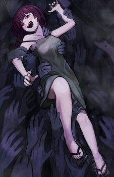 1girl :d absurdres badnick69_(camchi) black_nails blush bocchi_the_rock! braid collarbone crowd crowd_surfing dress geta green_dress groping highres hiroi_kikuri long_hair looking_at_viewer nail_polish open_mouth purple_eyes purple_hair sharp_teeth single_braid smile solo teeth toenail_polish toenails