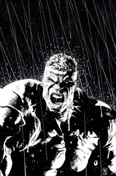 1boy acrylic_paint_(medium) avengers_(series) black_background commentary dark english_commentary hatching_(texture) highres hulk male_focus marvel muscular muscular_male no_pupils open_mouth painting_(medium) pen_(medium) rain short_hair solo teeth topless_male traditional_media upper_body valerio_giangiordano veins veiny_arms wet