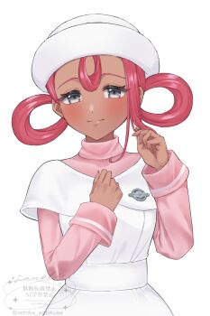 1girl amakusa_setoka blush commentary_request dark-skinned_female dark_skin feet_out_of_frame grey_eyes hat highres joy_(pokemon) joy_(pokemon_legends:_z-a) long_hair looking_at_viewer nintendo nurse nurse_cap pink_hair pink_shirt pokemon pokemon_legends:_z-a shirt simple_background smile solo standing turtleneck watermark white_background