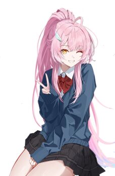 1girl absurdres aemeath_(wuthering_waves) alternate_costume black_skirt blue_sweater bow bowtie commentary_request gong_yan_tvt hair_ornament hand_up highres long_hair long_sleeves looking_at_viewer one_eye_closed parted_lips pink_hair ponytail red_bow red_bowtie school_uniform skirt smile solo star-shaped_pupils star_(symbol) sweater symbol-shaped_pupils v wuthering_waves yellow_eyes