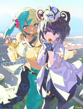 Rule 34 | 2girls, aqua hair, bandeau, belt, black dress, black hair, black mask, black pantyhose, blonde hair, blue eyes, blue gloves, blue nails, blunt bangs, blush, bob cut, breasts, canari (pokemon), coat, commentary request, criss-cross straps, dark-skinned female, dark skin, dress, eating, food, food in mouth, gloves, gradient hair, grin, gwynn (pokemon), hat, highres, holding, holding food, jacket, large breasts, long sleeves, mask, mask pull, mega stone, mouth mask, multicolored hair, multicolored nails, multiple girls, navel, nintendo, nownnownn, o-ring, o-ring belt, open clothes, open coat, open mouth, pants, pantyhose, partially fingerless gloves, pokemon, pokemon legends: z-a, purple eyes, purple hair, short hair, short twintails, smile, split-color clothes, split-color hair, sports bra, teeth, twintails, two-tone belt, two-tone hair, two-tone mask, two-tone pants, white coat, yellow bandeau, yellow jacket, yellow mask, yellow nails, yellow sports bra