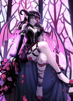 1girl absurdres alternate_eye_color bare_shoulders black_dress black_gloves black_hair black_shoes breasts colored_inner_hair commentary crossed_legs demon_girl demon_horns demon_wings doll double-parted_bangs dress earrings elbow_gloves english_commentary fingerless_gloves fingernails flower footwear_flower full_body gloves hair_between_eyes high_heels highres holding holding_doll horns jewelry knees large_breasts long_fingernails long_hair looking_at_viewer multicolored_hair nail_polish original pink_eyes pink_hair pink_nails pointy_ears red_flower red_rose rose ryuuxin sadie_(ryuuxin) shoes sitting sleeveless sleeveless_dress smile solo strappy_heels streaked_hair two-tone_hair wavy_hair wings