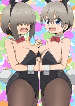 2girls animal_ears bambi2000line black_leotard blue_eyes blush bow bowtie breast_press breasts brown_hair cleavage collarbone detached_collar fang gradient_hair grey_hair hair_between_eyes hair_over_eyes highres interlocked_fingers large_breasts leotard looking_at_viewer multicolored_hair multiple_girls pantyhose patterned_background playboy_bunny rabbit_ears rabbit_tail red_bow senpai_ga_uzai_kouhai_no_hanashi short_hair siblings sidelocks sisters skin_fang smile symmetrical_docking symmetrical_pose tail uzaki_hana uzaki_yanagi wrist_cuffs
