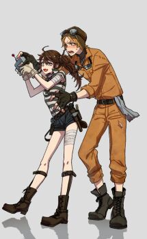 1boy 1girl aviator_cap aviator_goggles bandaged_arm bandaged_leg bandages belt_pouch black_boots blonde_hair blush boots brown_boots brown_gloves brown_hair bruise bruised_eye denim denim_shorts fang fingerless_gloves full_body genderswap genderswap_(ftm) genderswap_(mtf) gloves goggles goggles_around_neck goggles_on_headwear half-closed_eye hand_on_another&#039;s_waist height_difference hetero identity_v injury jumpsuit leg_brace looking_ahead luca_balsa orange_jumpsuit pouch satou_saori shirt short_shorts shorts side_ponytail skin_fang small_sweatdrop striped_clothes striped_shirt tracy_reznik