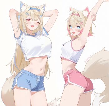 Rule 34 | 2girls, :d, ;d, absurdres, animal ear fluff, animal ears, anska, arched back, arm up, armpits, arms behind head, arms up, ass, bandaid, bandaid hair ornament, bare arms, bare shoulders, blonde hair, blue eyes, blue hairband, blue shorts, blue streaks, blush, breasts, chromatic aberration, commentary, cowboy shot, crop top, crossed bangs, dog ears, dog girl, dog tail, dolphin shorts, double-parted bangs, english commentary, fake horns, fang, fuwawa abyssgard, hair between eyes, hair ornament, hairband, hairclip, hand on own arm, highres, hololive, hololive english, horn hairband, horns, large breasts, long hair, looking at viewer, midriff, mococo abyssgard, multicolored hair, multiple girls, navel, one eye closed, open mouth, paid reward available, parallel hairclips, pink eyes, pink hair, pink hairband, pink shorts, pink trim, shirt, short hair, short shorts, shorts, siblings, simple background, sisters, skin fang, small breasts, smile, streaked hair, stretching, sweat, tail, tank top, thighs, twins, two-tone hair, two side up, very long hair, virtual youtuber, white background, white shirt, white tank top, white trim, x hair ornament