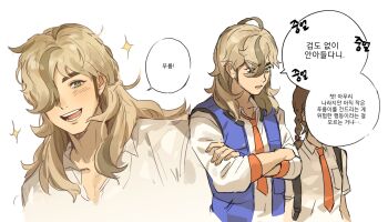 1boy 1girl :d arven_(pokemon) blue_vest braid breast_pocket brown_hair ch_walnut collared_shirt commentary_request crossed_arms hair_over_one_eye highres juliana_(pokemon) korean_commentary korean_text long_hair multiple_views necktie nintendo open_clothes open_mouth open_vest orange_necktie pocket pokemon pokemon_sv school_uniform shirt smile sparkle speech_bubble teeth tongue translation_request vest white_background white_shirt