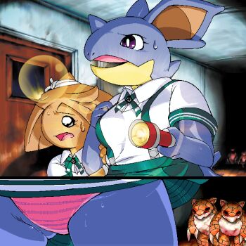 2girls 2others animal animal_ears black_eyes blue_skin blush breasts brown_hair claws clothes_lift colored_skin dark_skin door flashlight furry g-sun gen_1_pokemon gen_2_pokemon green_ribbon green_skirt hallway hitmontop holding holding_flashlight horn_ornament horn_ribbon horns large_breasts lens_flare mouse_(animal) mouse_ears mouse_girl mouse_tail multiple_girls multiple_others neck_ribbon nidoqueen nintendo open_mouth panties pink_panties pokemon pokemon_(creature) purple_eyes red_eyes ribbon sandshrew scared school_uniform shirt short_hair short_sleeves single_horn skirt skirt_lift standing striped_clothes striped_panties suspender_skirt suspenders sweat tail underwear white_ribbon white_shirt zombie