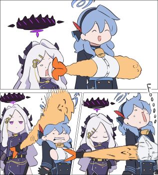 2girls ako_(blue_archive) bell belt black_belt black_gloves black_hairband black_horns black_jacket blue_archive blue_halo breasts buttons closed_eyes closed_mouth demon_horns food gloves hair_between_eyes hairband halo highres hina_(blue_archive) holding holding_food hong_hongcha horns jacket large_breasts long_hair long_sleeves multiple_girls multiple_horns neck_bell open_mouth purple_eyes shirt shrimp shrimp_tempura sideboob smile tempura what white_shirt