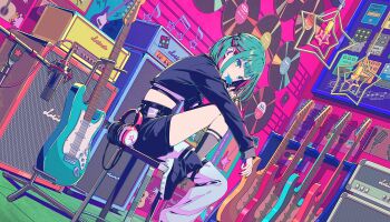 1girl amplifier aqua_eyes aqua_hair asymmetrical_clothes asymmetrical_pants bass_guitar black_jacket black_shoes bob_cut candy closed_mouth colored_inner_hair colorful_palette ear_piercing find_the_dream_view_(project_sekai) food grey_pants grey_socks hair_ornament hairclip hatsune_miku headphones highres holding holding_candy holding_food holding_lollipop instrument jacket leo/need_miku lollipop multicolored_hair official_alternate_costume official_alternate_hair_length official_alternate_hairstyle official_art pants piercing pink_hair poster_(object) project_sekai shoes single_pantsleg smile socks solo star_(symbol) streaked_hair two-tone_hair vinyl_record vocaloid x_hair_ornament