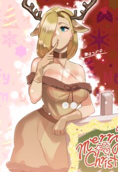 1girl animal_ear_hairband animal_ears antlers arm_rest aura bare_shoulders blonde_hair blue_eyes breasts brown_choker brown_dress brown_gloves choker christmas christmas_tree christmas_tree_print cleavage collarbone commentary_request criss-cross_halter deer_ears dress fake_animal_ears fake_antlers finger_to_mouth gloves hair_over_one_eye hairband halterneck horns large_breasts lips long_hair looking_to_the_side masiro merry_christmas mistletoe mistletoe_print overlord_(maruyama) pink_background pom_pom_(clothes) red_background reindeer_antlers signpost snowflake_print snowflakes solo solution_epsilon star_(symbol) star_print two-tone_background