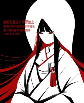 1girl black_background black_hair bridal_veil commentary_request faceless hooded_kimono japanese_clothes kimono limbus_company long_hair looking_at_viewer no_710 project_moon red_eyes red_hair ryoshu_(project_moon) shiromuku signature simple_background solo tassel twitter_username uchikake veil wataboushi white_kimono