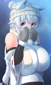 1girl animal_ear_fluff animal_ears beanie black_gloves blue_background breasts brown_eyes cold commentary_request detached_sleeves ears_through_headwear elbow_gloves gloves grey_gloves grey_hat hat highres huge_breasts impossible_clothes impossible_shirt inubashiri_momiji looking_at_viewer pom_pom_(clothes) ribbon-trimmed_sleeves ribbon_trim scarf shirt shishi_juuroku short_hair sleeveless sleeveless_shirt snowing solo thick_eyebrows touhou turtleneck turtleneck_shirt two-tone_skirt upper_body white_hair white_scarf white_shirt wolf_ears wolf_girl
