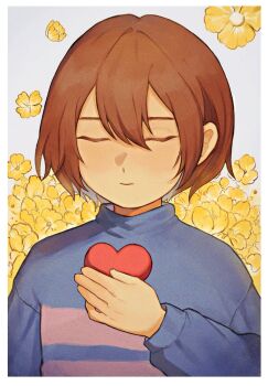 1other blue_sweater border brown_hair closed_eyes closed_mouth colored_inner_hair colored_skin crsrsrsrsrs floral_background flower frisk_(undertale) grey_background grey_hair hair_between_eyes hand_on_own_chest hand_up hashtag-only_commentary heart highres holding holding_heart long_sleeves multicolored_hair other_focus puffy_long_sleeves puffy_sleeves short_hair solo striped_clothes striped_sweater sweater turtleneck turtleneck_sweater undertale utdr_(toby_fox) white_border yellow_flower yellow_skin