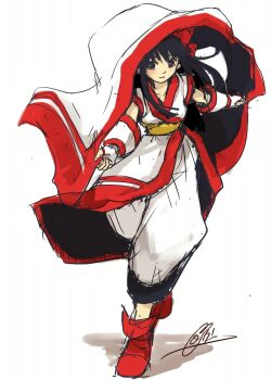 1girl ainu_clothes artist_name black_hair breasts cloak fingerless_gloves gloves hair_ribbon highres legs long_hair nakoruru oekaki pants parted_lips ribbon samurai_spirits small_breasts snk source_request teeth the_king_of_fighters thighs
