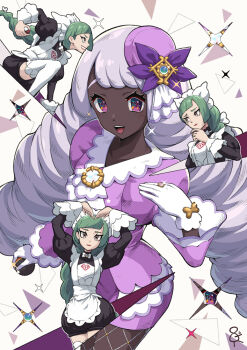 2girls :d apron commentary_request dark-skinned_female dark_skin dress eyelashes fishnet_pantyhose fishnets glint gloves green_hair grey_hair hand_up hat_ornament jacinthe_(pokemon) jewelry lebanne_(pokemon) long_hair multiple_girls multiple_views nintendo open_mouth pantyhose pokemon pokemon_legends:_z-a puffy_sleeves purple_dress ring smile sparkle teeth tilted_headwear tongue twintails upper_teeth_only white_apron white_gloves yoshida_(penguindynamite)