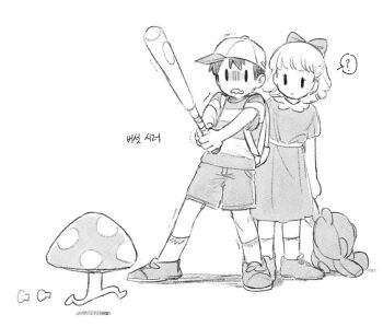Rule 34 | 1boy, 1girl, ?, bac0n pancakes, bad id, bad pixiv id, baseball bat, bow, commentary request, dress, full body, greyscale, hair bow, holding, holding baseball bat, holding stuffed toy, korean text, looking at creature, monochrome, mother (series), mother 2, ness (mother 2), nintendo, open mouth, paula (mother 2), ramblin' evil mushroom, running, scared, shaded face, shirt, shoes, short hair, shorts, simple background, standing, striped clothes, striped shirt, stuffed animal, stuffed toy, translation request, white background