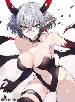 1girl breasts collar commentary_request demon_girl demon_horns demon_wings earrings fingernails green_eyes grey_hair highres horns jewelry large_breasts leotard long_fingernails looking_at_viewer nail_polish navel original ouka_(sakura_oinari) pointy_ears sharp_fingernails short_hair slit_pupils thigh_strap thighhighs wings