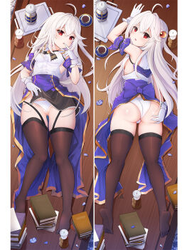 Rule 34 | black thighhighs, blue bow, blue skirt, book, bow, bra, breasts, clothes lift, gloves, lying, ninym ralei, nipples, non-web source, on back, on stomach, open mouth, panties, red eyes, shirt, sideboob, skirt, skirt lift, small breasts, tensai ouji no akaji kokka saiseijutsu, thighhighs, tongue, tongue out, underwear, white bra, white gloves, white hair, white panties, white shirt