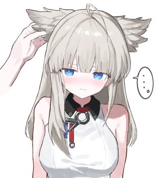 Rule 34 | ..., 1girl, arknights, arknights: endfield, bare shoulders, blue eyes, blush, bright pupils, closed mouth, collared shirt, commentary request, contrast collar, disembodied hand, grey hair, highres, komazu (snake5745), long hair, looking at viewer, perlica (arknights), shirt, simple background, sleeveless, sleeveless shirt, spoken ellipsis, upper body, white background, white pupils, white shirt