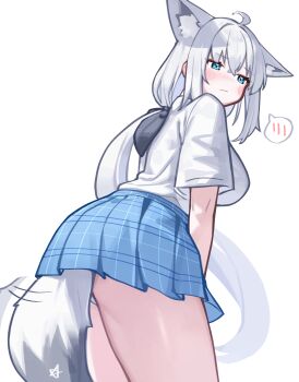 1girl absurdres alternate_costume animal_ears ass blue_eyes blue_skirt blush breasts closed_mouth commentary_request deaver extra_ears fox_ears fox_girl fox_tail from_behind highres hololive large_breasts long_hair looking_to_the_side low_ponytail miniskirt plaid_clothes plaid_skirt pleated_skirt ponytail school_uniform shirakami_fubuki shirt short_sleeves simple_background skirt solo spoken_blush tail tail_wagging thick_thighs thighs virtual_youtuber white_background white_hair white_shirt