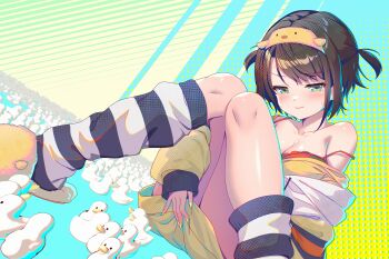 1girl absurdres bird black_hair black_leg_warmers blue_eyes bra breasts commentary_request duck gumypunch highres hololive large_breasts leg_warmers oozora_subaru red_bra shirt solo striped_leg_warmers thighs two-tone_leg_warmers two_side_up underwear virtual_youtuber white_leg_warmers yellow_shirt