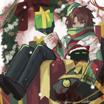 1boy black_gloves black_pants black_shoes box brown_hair christmas_wreath commentary e.g.o_(project_moon) gift gloves gnome_(project_moon) green_hat hat heathcliff_(project_moon) highres holding holding_gift holiday_(e.g.o) in_box in_container jacket limbus_company looking_at_viewer megane_mochi pants parted_bangs patchwork_clothes project_moon purple_eyes santa_hat scarf shoes solo stitches striped_clothes striped_scarf white_jacket wreath