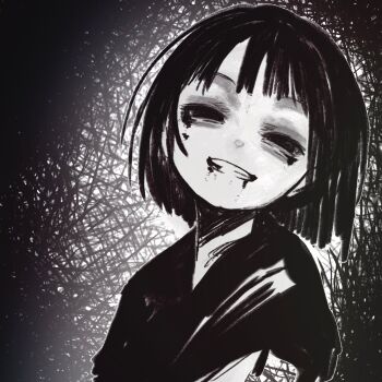 1girl absurdres bleeding blood blood_from_mouth bruise bruise_on_face grin highres injury japanese_clothes kimono lacker_strike_(akkira_setsu) looking_at_viewer monochrome original short_hair sketch smile solo teeth upper_body