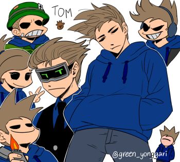 Rule 34 | 1girl, 6+boys, :|, animification, artist name, black coat, black necktie, black vest, blue hoodie, blue shirt, brown hair, character name, clenched teeth, closed mouth, coat, collared shirt, commentary request, drawstring, earmuffs, eddsworld, future tom (eddsworld), genderswap, genderswap (mtf), green coat, green yonggari, grey pants, grin, hair behind ear, hands in pockets, hat, head-mounted display, holding, holding lighter, hollow eyes, hood, hood down, hoodie, korean commentary, lcd, lighter, long sleeves, male focus, military hat, multiple boys, multiple persona, necktie, pants, prototype design, shirt, short hair, simple background, smile, spiked hair, tamara (eddsworld), teeth, tom (eddsworld), tomee bear (eddsworld), toon (style), topknot, very short hair, vest