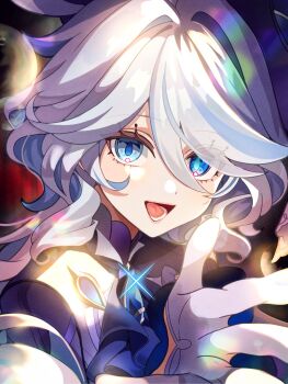 1girl blue_eyes blue_gem blue_hair blue_jacket blue_pupils commentary drop-shaped_pupils furina_(genshin_impact) gem genshin_impact glint gloves hair_between_eyes hair_intakes heterochromia highres jacket long_hair long_sleeves looking_at_viewer multicolored_hair open_mouth outstretched_hand rei_(sss35_ss3) smile solo streaked_hair symbol-shaped_pupils upper_body white_gloves white_hair