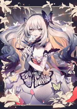 1girl bare_shoulders breasts commentary_request dress elbow_gloves fate/grand_order fate_(series) gloves gradient_hair grey_hair highres long_hair looking_at_viewer marie_antoinette_(fate) marie_antoinette_alter_(fate) marie_antoinette_alter_(mysterious_forest)_(fate) medium_breasts multicolored_hair no-kan sidelocks solo watermark white_dress white_gloves white_hair yellow_eyes