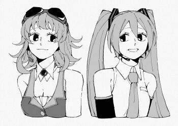 2girls bare_shoulders breasts cleavage closed_mouth collared_shirt commentary cropped_torso detached_collar detached_sleeves dezirou goggles goggles_on_head greyscale gumi hair_between_eyes hair_ornament hatsune_miku headset highres long_hair medium_breasts monochrome multiple_girls necktie open_mouth shirt simple_background sleeveless sleeveless_shirt twintails upper_body very_long_hair vocaloid