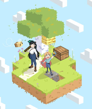 2girls :d absurdres arato_nagi bee_(minecraft) black_pantyhose block_(minecraft) blue_eyes blue_pants blue_shoes boots brown_boots collared_shirt commentary denim drawglodyte earrings english_commentary full_body gold green_eyes highres holding holding_pickaxe holding_rocket_launcher holding_weapon jeans jewelry long_hair long_sleeves looking_at_object looking_at_viewer minecraft minecraft_chest minecraft_pickaxe multiple_girls open_mouth pants pantyhose pickaxe rocket_launcher ruri_no_houseki shirt shoes short_sleeves shorts sky sleeves_rolled_up smile standing stud_earrings tanigawa_ruri trait_connection tree weapon white_shirt