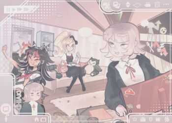 1boy 3girls amamiya_ren black_bow black_dress black_hair black_jacket black_shoes black_thighhighs blank_speech_bubble blinky_(pac-man) blue_hair blue_sailor_collar blueofthesunset blush book bow bowl brown_hair character_name closed_eyes collared_shirt computer computer_mouse couch danganronpa_(series) danganronpa_2:_goodbye_despair doorway dress earrings eyelashes fang figure fire fork from_behind gen_1_pokemon gen_3_pokemon guitar hair_bow hair_horns hatsune_miku high_heels highres holding holding_bowl holding_guitar holding_instrument hood hood_down hooded_jacket indoors instrument jacket jewelry joker_(persona_5) knife komaeda_nagito long_hair long_sleeves luigi mario mario_(series) medium_hair mioda_ibuki monitor multicolored_hair multiple_girls nanami_chiaki neck_ribbon neckerchief nintendo non-web_source on_couch open_clothes open_jacket open_mouth pac-man pac-man_(game) page_number pencil persona persona_5 pillow pink_hair pink_neckerchief plant pokemon ponytail red_bow red_ribbon ribbon sailor_collar shelf shirt shoes short_hair short_sleeves sitting skitty smile smiley_face smoke snorlax sonia_nevermind speech_bubble star_(symbol) sticker stuffed_toy the_sims thighhighs usami_(danganronpa) user_interface vocaloid white_hair white_shirt