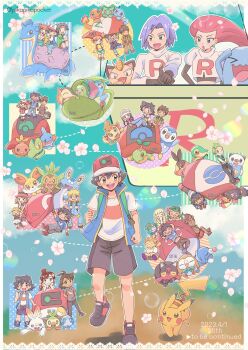 6+boys 6+girls arms_behind_back arms_behind_head artist_name ash_ketchum backpack bag baseball_cap black_hair blonde_hair blue_hair blue_jacket bonnie_(pokemon) brock_(pokemon) brown_hair bulbasaur charmander cherry_blossoms chespin chestnut_mouth chibi chikorita chimchar chloe_(pokemon) cilan_(pokemon) clemont_(pokemon) closed_eyes closed_mouth cyndaquil dated dawn_(pokemon) diagonal_stripes falling_petals fennekin froakie gen_1_pokemon gen_2_pokemon gen_3_pokemon gen_4_pokemon gen_5_pokemon gen_6_pokemon gen_7_pokemon gen_8_pokemon goh_(pokemon) green_bag green_hair grookey hands_on_own_hips hands_up hat head_rest highres ichi_(pikapikapocket) iris_(pokemon) jacket james_(pokemon) jessie_(pokemon) kiawe_(pokemon) lana_(pokemon) lapras lillie_(pokemon) litten lying mallow_(pokemon) max_(pokemon) maxie_(pokemon) may_(pokemon) meowth misty_(pokemon) mudkip multiple_boys multiple_girls nintendo on_back on_stomach open_mouth oshawott pants petals pikachu piplup pointing pokemon pokemon_(anime) pokemon_(classic_anime) pokemon_(creature) pokemon_bw_(anime) pokemon_dppt_(anime) pokemon_journeys pokemon_rse_(anime) pokemon_sm_(anime) pokemon_xy_(anime) polka_dot polka_dot_background popplio red_hair red_headwear riding riding_pokemon rowlet scorbunny serena_(pokemon) shirt shoes shorts sitting smile snivy sobble sophocles_(pokemon) squirtle standing standing_on_one_leg starter_pokemon_trio striped tepig togepi torchic totodile tracey_sketchit treecko turtwig twitter_username v-shaped_eyebrows vertical_stripes vest walking watermark white_shirt wobbuffet