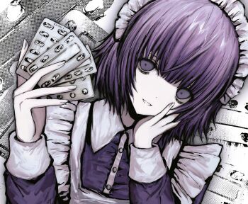 apron blister_pack blunt_bangs chan8016 collared_shirt frills futaba_channel hand_on_own_face hands_up head_tilt highres holding long_sleeves looking_at_viewer maid maid_headdress medium_hair monochrome_background pale_skin photo_background portrait purple_eyes purple_hair purple_shirt shirt smile white_apron yakui