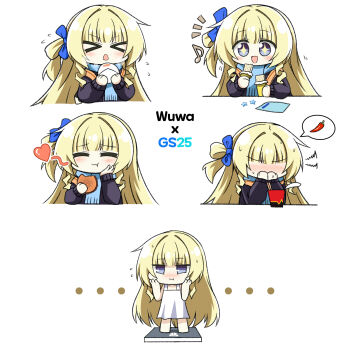 >_< +_+ ... 1girl :i blonde_hair blue_bow blue_eyes blue_scarf blush bow burger closed_eyes commentary_request eating flying_sweatdrops food gs25 hair_bow hand_on_own_face heart highres holding holding_food instant_cup_noodles instant_noodles korean_commentary long_hair multiple_views musical_note notice_lines open_mouth phoebe_(wuthering_waves) scarf solo weighing_scale weight_conscious windy_(jazz9207) wuthering_waves