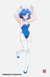 Rule 34 | absurdres, alternate costume, animal ear hairband, animal ears, arms up, artist logo, bishoujo senshi sailor moon, blue bow, blue bowtie, blue choker, blue eyes, blue footwear, blue hair, blue leotard, bow, bowtie, breasts, choker, cleavage, commentary, commission, covered navel, english commentary, fake animal ears, fake tail, full body, hairband, high heels, highres, labirynthes, leotard, looking to the side, mizuno ami, pantyhose, playboy bunny, rabbit ear hairband, rabbit ears, rabbit tail, short hair, simple background, standing, standing on one leg, strapless, strapless leotard, tail, white background, white pantyhose, wrist cuffs