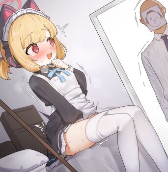 1boy 1girl @_@ absurdres animal_ear_headphones animal_ears apron black_dress blonde_hair blue_archive blush cat_ear_headphones cat_ears doodle_sensei_(blue_archive) dress fake_animal_ears female_masturbation freehoney halo headphones highres loli maid maid_apron maid_headdress masturbation momoi_(blue_archive) open_mouth paid_reward_available pantyhose sensei_(blue_archive) short_hair sitting walk-in white_apron white_pantyhose