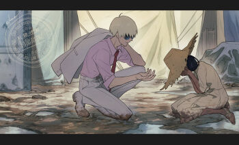 1boy 1girl blonde_hair char_aznable crying dirt dirty dirty_clothes dress elmar gundam gundam_gquuuuuux hands_on_own_face hat jacket jacket_on_shoulders lalah_sune mud necktie on_ground on_one_knee pants pink_shirt puddle red_necktie shirt short_hair straw_hat sun_hat sunglasses tan tent white_pants yellow_dress