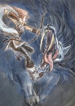 1girl 1other aiming arm_guards black_leggings blue_fur bow_(weapon) brown_tunic colored_sclera commentary_request crosshatching fighting floating_clothes floating_hair fur_leg_warmers fur_shawl fur_trim h'aanit_(octopath_traveler) hatching_(texture) highres knee_up leg_warmers leggings long_hair looking_at_another octopath_traveler octopath_traveler_i open_mouth orange_hair profile qqqqqli sharp_teeth shawl sleeveless_tunic teeth tongue tongue_out tunic weapon yellow_sclera