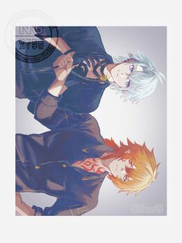 1bee95 2boys antenna_hair black_choker black_gloves black_shirt blonde_hair blue_eyes braid chest_tattoo choker collared_shirt commentary_request facial_tattoo gloves gradient_hair half_gloves highres honkai:_star_rail honkai_(series) male_focus medium_hair multicolored_hair multiple_boys mydei_(honkai:_star_rail) neck_tattoo official_alternate_costume parted_bangs phainon_(fashion)_(honkai:_star_rail) phainon_(honkai:_star_rail) red_hair red_tattoo shirt short_hair side_braid sideways sun_symbol sun_tattoo tan tattoo watermark white_hair yellow_eyes